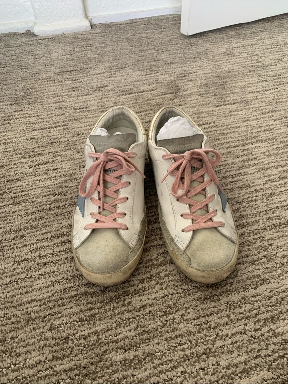 Golden Goose Superstar Sneakers with Pink Laces and Blue Star